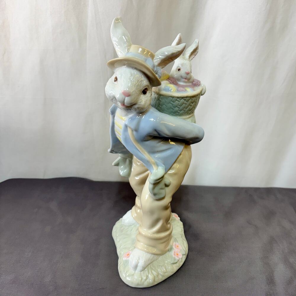 Easter Rabbit Baby Bunny Basket Ceramic Figurine Decor Glossy Pastel 10.75" Tall
